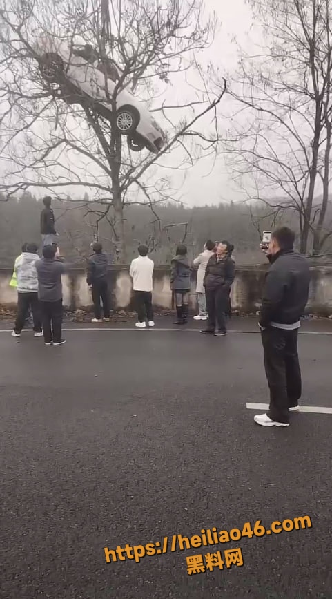 白色小车悬空路人围观2