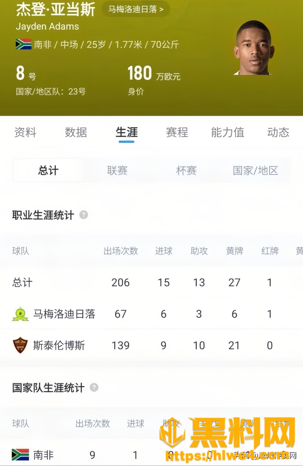 25岁南非国脚杰登亚当斯1